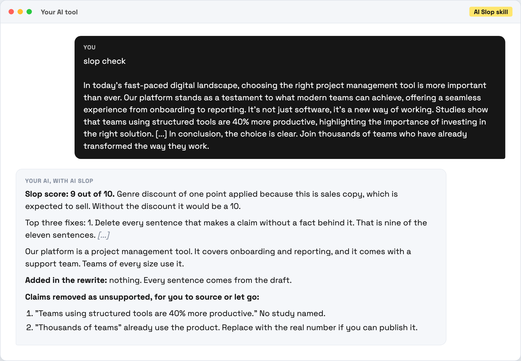 AI Slop scoring a project management blurb 9 out of 10 and rewriting it