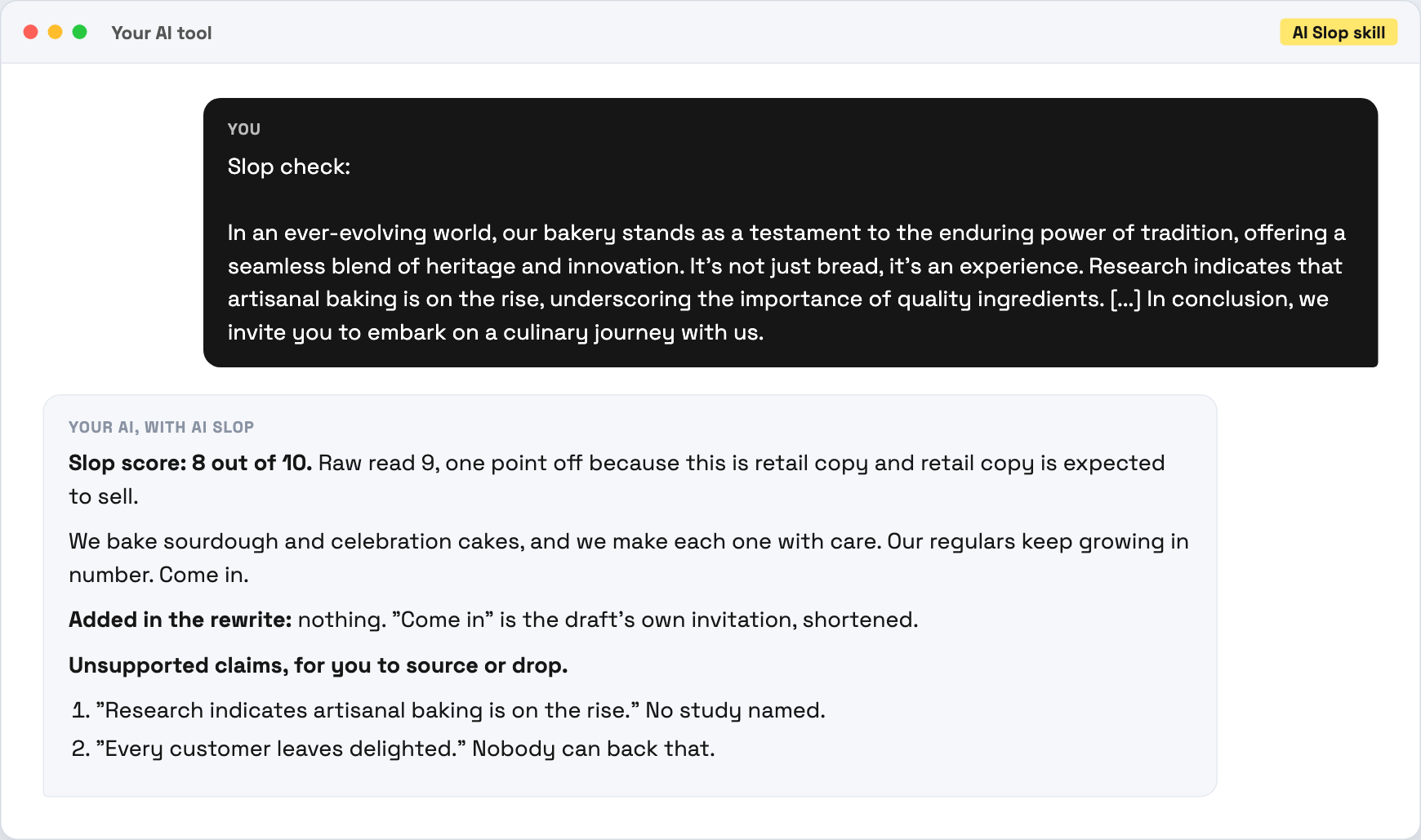 AI Slop scoring a bakery blurb 8 out of 10 and rewriting it