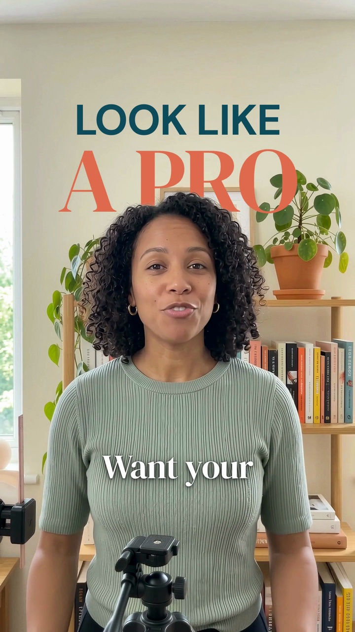 The same video after editing: big text behind her head reading LOOK LIKE A PRO, with a caption on top