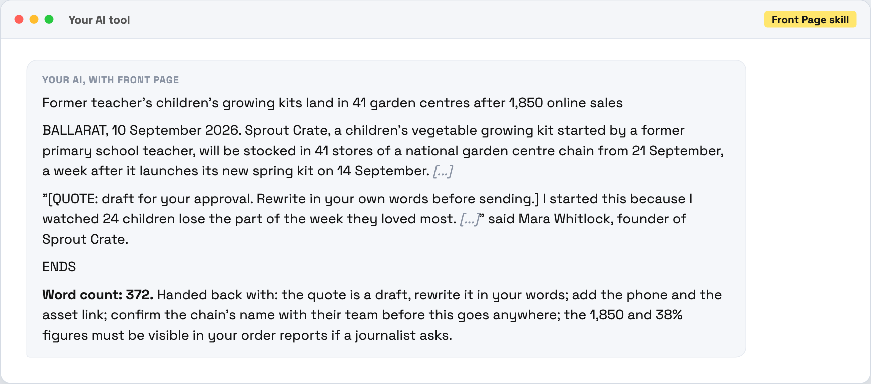 Front Page handing back a press release with a checklist